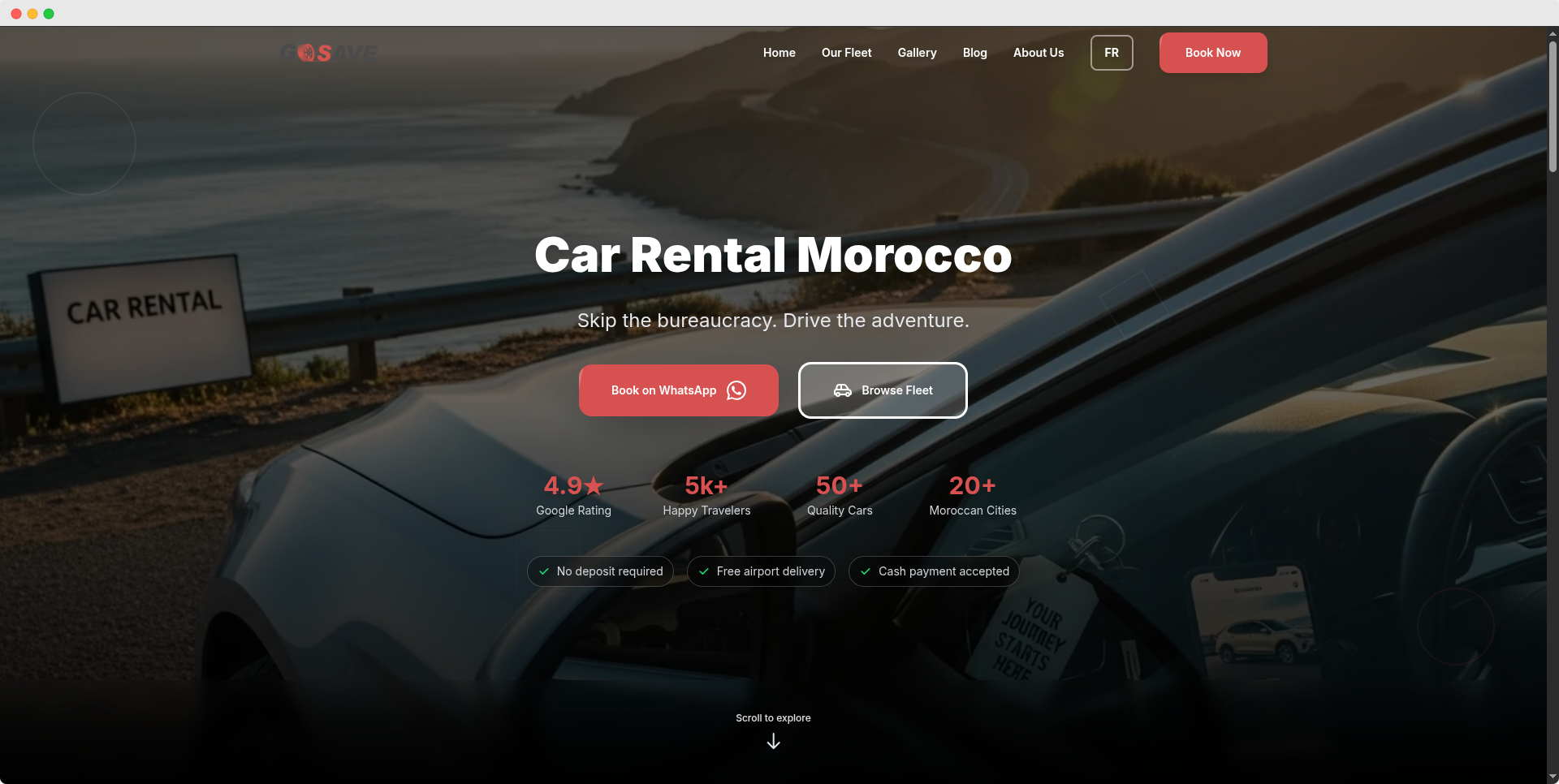 GoSave Rentals website screenshot showing their car rental platform in Morocco